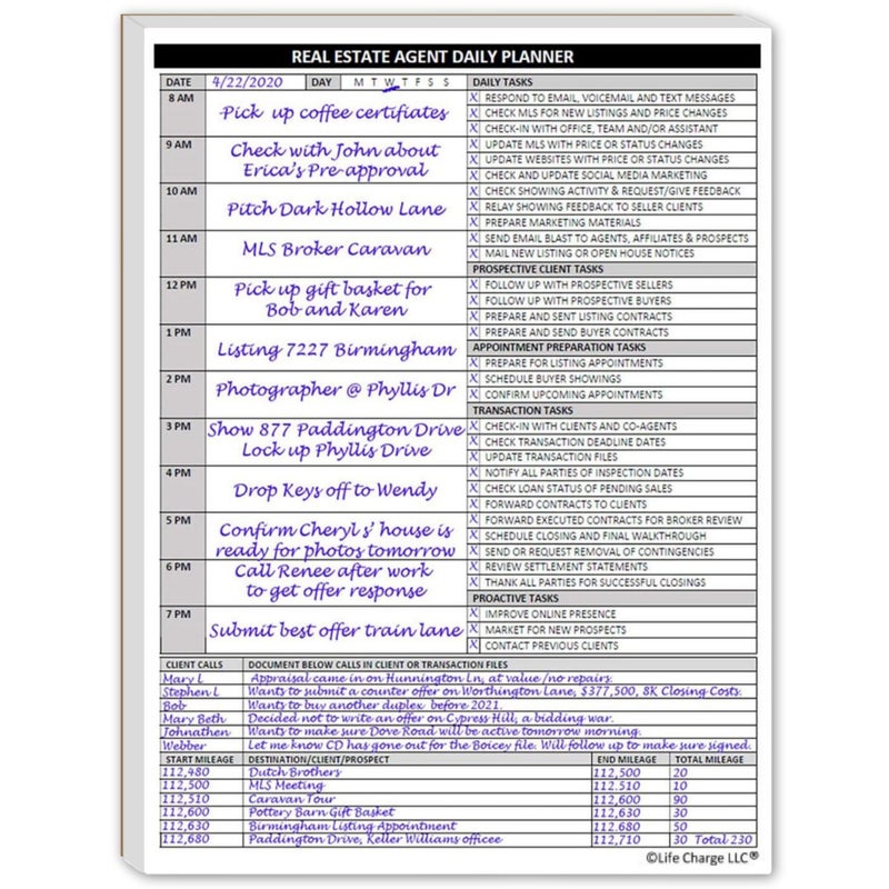 Life Charge Real Estate Agent Supplies - Daily Planner Task List Notepad. Simple one page document with calendar, task lists, call and mileage log. Keep organized & focused on selling real estate. 8.5 X 11 - Image 1